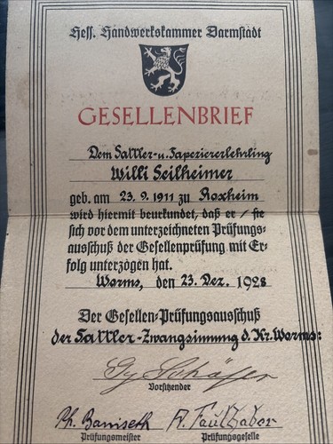 Gesellenbrief 1928 eines - gesellenbrief,