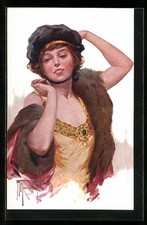 Künstler-AK sign. Marchisio: Dame rückt ihren Hut zurecht 