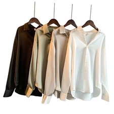 2025 NEU Vintage Damen Satin Hemd Glänzend Geknöpft Bluse Oberteil Freizeit