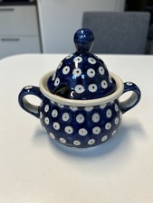 Zuckerdose Keramik Bunzlau traditionelles Dekor Blau Weiß