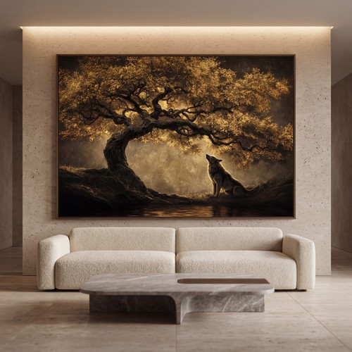 Leinwandbild wolf baum gold - ,