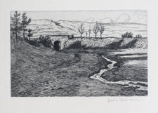 Hans von Volkmann:  Bachlauf am Bahndamm.  Orig.-Radierung. 1911. Signiert.