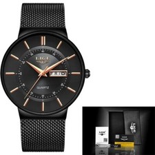 Herren Armbanduhr Mesh mit Datum dünn schlank stylische Sportuhr schwarz