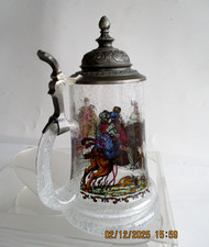 GLASKRUG m- ZINNDECKEL; 3 MOTIVE auf Glas m. Luftblasen ca 24 cm h. Deckel zu 22