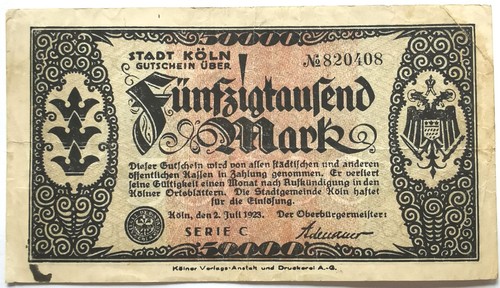 Notgeldschein köln tsd - köln,, 50