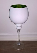 Großer Kerzenhalter Kelch Pokal Glas Weiß Grün-Metallic 35 cm hoch