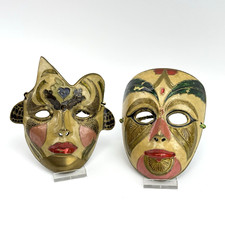 Messing Italien Wandmasken 2er Set | VTG Gesichter bemalt | Venedig Deko Maske