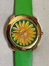 Benetton Armband Uhr by Bulova Gold gelbe Blume Grün 1993 Retro Vintage