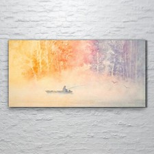 Glasbilder Wandbild Druck auf Glas 120x60 Aquarell Fischer Boot Angel landschaft
