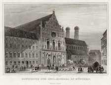München Hofkirche Original Stahlstich Poppel 1843