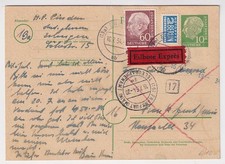 Bund, Heuss, Eil-Postkarte Erlangen - Frankfurt, Rohrpost-Durchgangsstempel