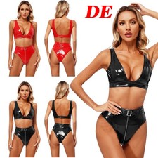 Damen Wetlook Bikini Set Badeanzug Lakleder BH Oberteil und Reißverschluss Slip