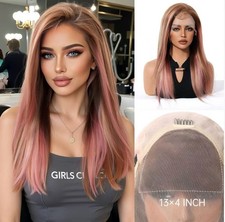 Blonde und Rosa Ombre 16 Zoll Echthaar-Perücke für Damen, Langes, Glattes Haar