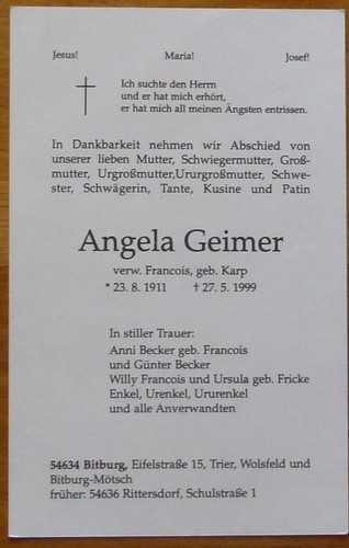 1999 sterbebild angela geimer - sterbebild,