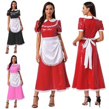 DE Damen Dienstmädchen Kostüm Halloween Kleid Lackleder Maid Outfit Clubwear