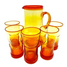 Saftservice Glaskanne 6 Gläser Set Amberlina 60er Jahre Vintage Orange Kunstglas