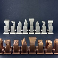 vintage CHESS SET Brass Chrome BAUHAUS GEOMETRIC MODERNIST Schach metal antique