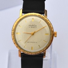 Vintage Ruhla 17 Jewels Armbanduhr, vergoldet, Lederarmband, Handaufzug, Box