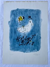 Herbert Leupin 1916-1999 Farboffset Lithographie Vogel / Huhn ? mit Blumen