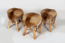 9120 Rustikaler Holzhocker aus Europäischem Rotfuchs Fell Echt Pelz Hocker Fuchs