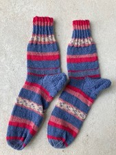 Socken Wolle handgestrickt Gr. 38 mittelblau rosa pink ecru gestreift