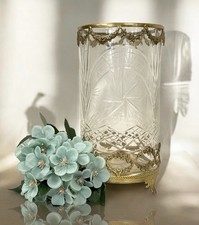 Edles Glas mit Schliff und Messing Windlicht Vase Antikstil 25cm Rund 1,7kg NEU