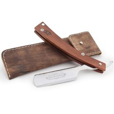 Barber Cut Rasierer mit Holzgriff, feststehender Stahlklinge und Lederetui brown
