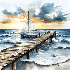 Wandbild Segelboot Bootssteg