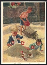 Künstler-AK Schweizer Rotes Kreuz, Kleine Kinder spielen im Buddelkasten, Bunde 