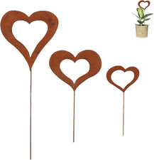 3er Set Herzen Stecker Gartendeko, Pflanzenstecker Metall Stahl Rost Edelrost We