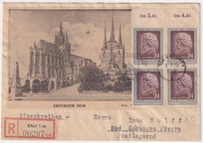 DDR Mi.Nr. 301 "Beethoven" Viererblock auf R-Brief Erfurt - Bad Salzungen 1952