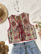 Boho Vintage Ethno Damen Weste | Rot Floral | Stickerei | Bindegürtel | Festival