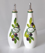 BASSANO KERAMIK ESSIG + ÖL  Flasche Karaffe OLIVEN Relief MEDITERRANES GESCHIRR