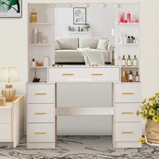 Schminktisch Frisiertisch mit LED-Beleuchtung Spiegel, mit 7 Schublade Weiß DE