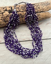 Statement Kette, Collier, mehrreihig, Glasperlen, Boho, Modekette lila weiss