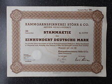 KAMMGARNSPINNEREI STÖHR & CO. AG 100 DM HISTORISCHE AKTIE VON 1952 + KUPONBOGEN