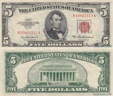 United States: 5 Dollars 1953 A, Red Seal from USA # B 50401513 A - UNC/66+
