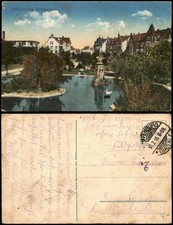 Ansichtskarte Offenburg Volksgarten, Springbrunnen - Straßenblick 1915