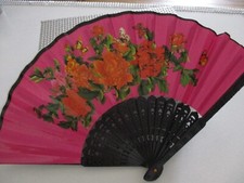 Hand Fächer Schwarz Bunt Rosa mit Blumen Schmetterlinge Kunststoff und Stoff