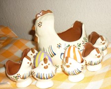 Retro Keramik Eierbecher Set Huhn und 6 Küken handbemalt glasiert Landhaus