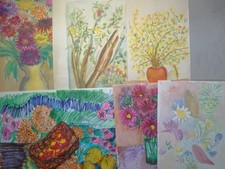 Blumen Stillleben Vasen - 6 Zeichnungen Deckfarben Aquarell - 20. Jh.