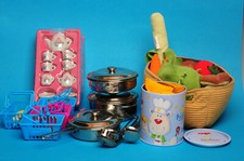 Kinder Kaufladen-Spielzeug:Kochgeschirr Metall,Kaffeeservice,Gemüsekorb,Ravioli