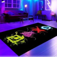 Gaming-Teppich mit lebendigen Neon-Farben und ikonischen Symbolen