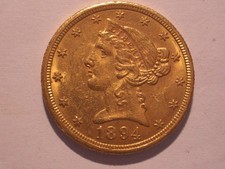 USA: 5 Dollars Goldmünze, Jahreszahl 1894 und Buchstabe "O", sehr selten!