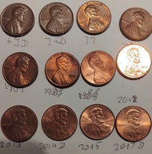 12 Stück 1 Cent 1969D 1971D 1977 1978  1982 1983 1988  2011 2013 2014D 15 17D L3