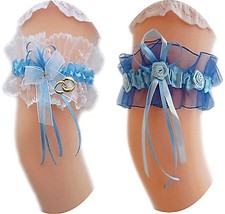 BRAUT STRUMPFBAND RÖSCHEN BLAU WEIß TÜRKIS HELLBLAU VIELE MUSTER HOCHZEIT EU