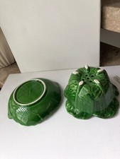 Vintage Majolika Keramik Schale, Blatt Unterteller, Grün Blattdekor Kohlblatt 