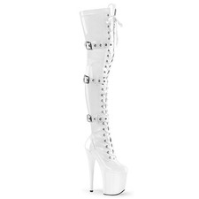 Sale FLAMINGO-3028 Pleaser Damen Plateauoverkneestiefel weiß Lack 3 Schnallen 37