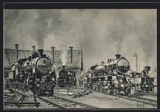 Künstler-AK Eisenbahn-Tschechien, Lokschuppen mit Drehscheibe, Dampflok Nr. 365 