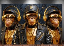 LEINWAND BILDER XXL ABSTRAKT 3 AFFEN SCHIMPANSEN GOLD GRAFFITI WAND POSTER P639
